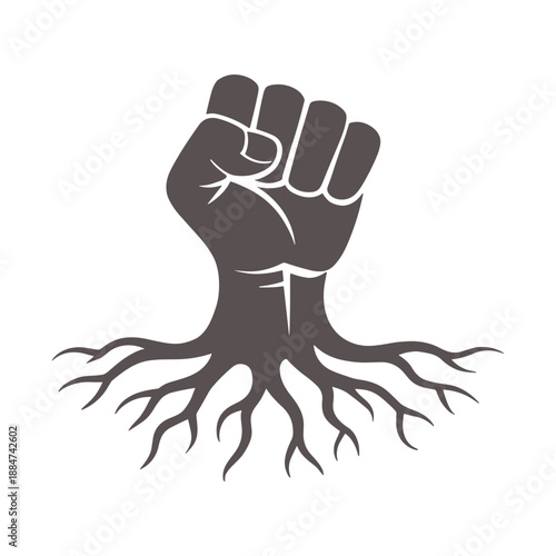 Black fist with roots rising up in power and strength symbol