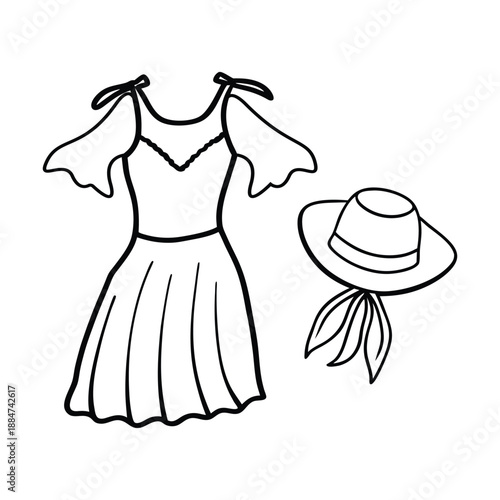 Vintage Style Women's Vacation Clothing Vector, Summer Lineart Dress