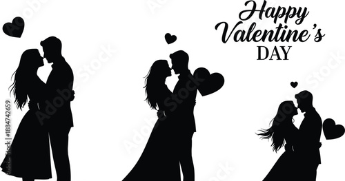 A romantic Valentine's Day graphic featuring silhouettes of couples kissing with hearts