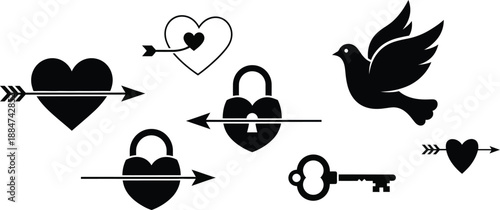 A collection of black love and security symbols on a white background