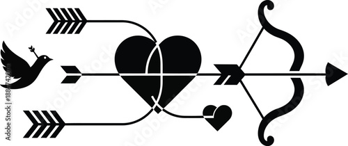 A black and white illustration of a heart pierced by an arrow with a bow and dove nearby