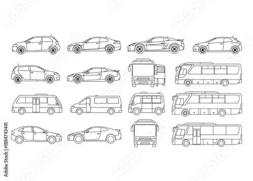 CAD Vehicle Drawings | Car, Bus, Minibus Silhouettes and Outlines | Top and Side View Vector Set