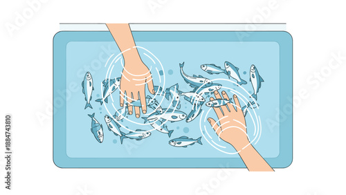 Pair of hands submerged in water filled with small garra rufa fish, depicting a relaxing and therapeutic fish spa treatment for skin exfoliation.
