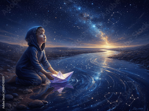 Young Boy Launching Paper Boat on Starry River Under Nebula Galaxy Sky