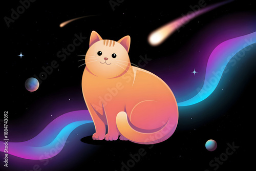 Cute Orange Cat in Outer Space with Colorful Cosmic Trail