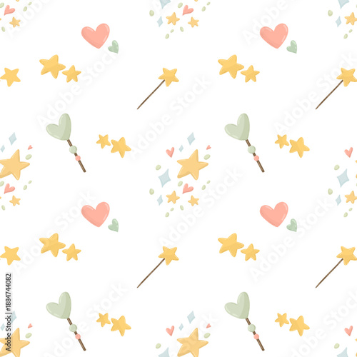 Cute magic garden seamless pattern with potion bottles, letters, stars and hearts on white background.