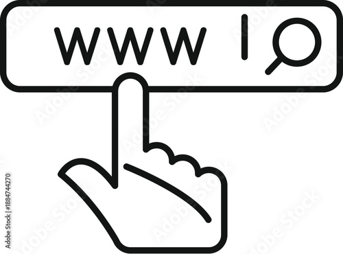 Hand cursor clicking on an internet search bar with www and a magnifying glass icon