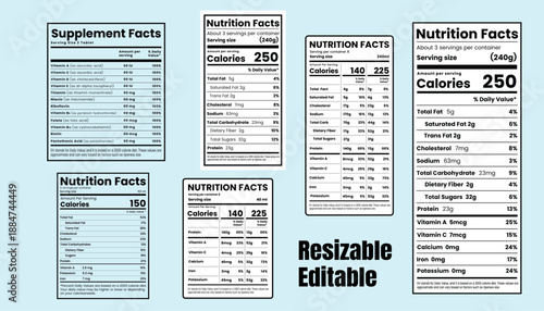 Nutrition facts, nutrition labels template for food packaging ,Supplement facts and vitamin facts template.