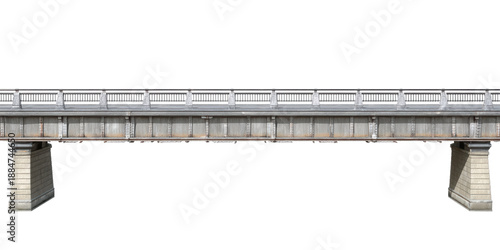 A Long Straight Side Profile of an Old Concrete Bridge with Decorative Metal Railings and Massive Stone Pier Supports Isolated on a Transparent Background.