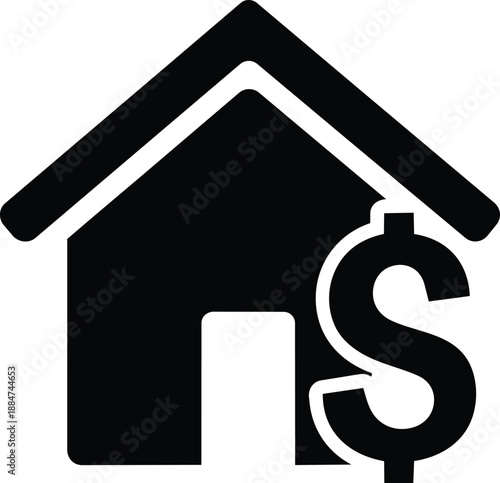 Black house icon with dollar sign, financial property concept