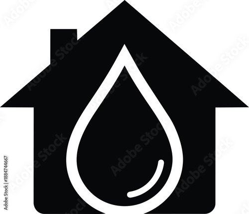 Black house icon with water droplet, eco friendly home, conservation symbol