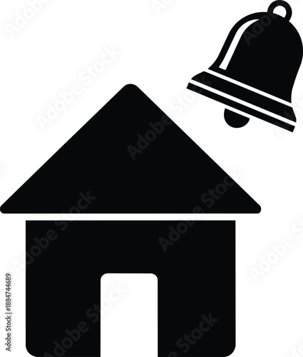 Black house icon with ringing bell on roof, alert symbol