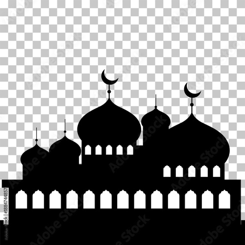 Black silhouette of a mosque with multiple domes and crescent moons against a transparent background, representing Islamic architecture and worship.