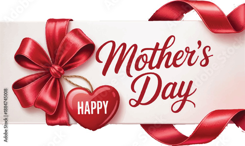 Happy mother's day greeting card with red heart and ribbon