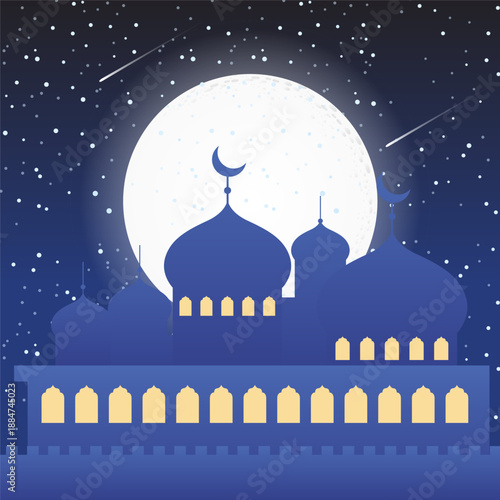 Blue mosque silhouette under a starry night sky with a large full moon and shooting stars.