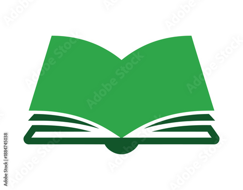 A green open book icon on a white background representing learning and education