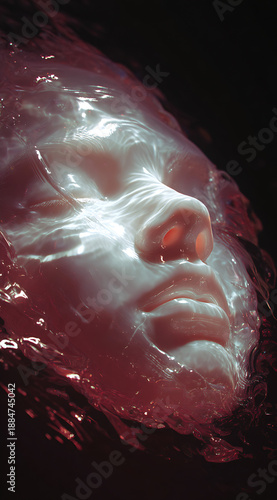 Ethereal human face submerged in red translucent liquid with dramatic light and shadow
