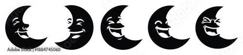 Silhouette of cartoon giggling moon vector icon set. Funny silhouette design vector stock illustration