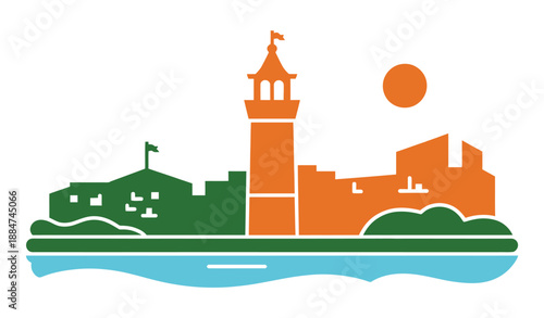 A vibrant cityscape illustration with a lighthouse and buildings near the ocean