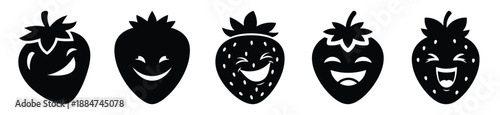 Silhouette of cartoon giggling strawberry vector icon set. Funny silhouette design vector stock illustration