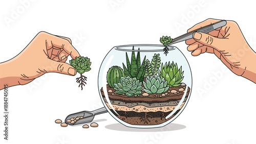 Hands meticulously arranging various succulent plants and pebbles inside a round glass terrarium, showcasing the creative process of miniature gardening.