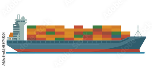 A large cargo ship carrying colorful shipping containers on the ocean