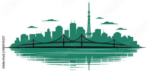 A green silhouette of a city skyline with a bridge and tower over water