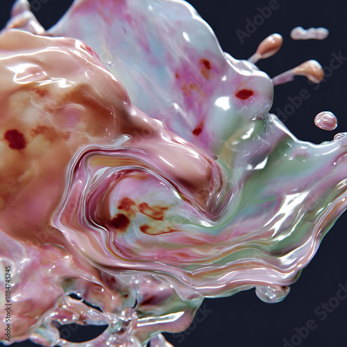 Glossy splash of swirling multicolored fluid in dynamic abstract composition on dark background
