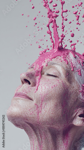 Elderly woman with eyes closed as pink paint splashes on her head in surreal beauty expression
