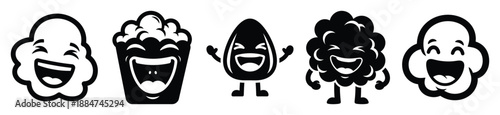 Silhouette of cartoon laughing popcorn vector icon set. Funny silhouette design vector stock illustration