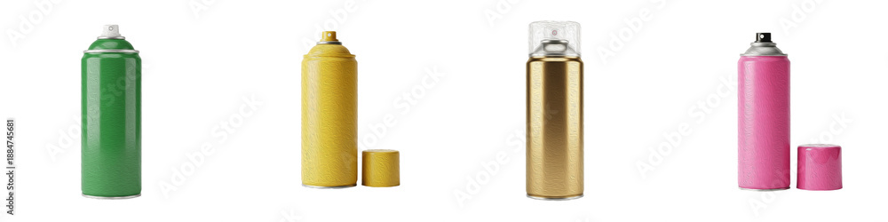 Obraz premium spray paint cans, graffiti street art supplies, aerosol bottles, green yellow gold pink paint, metal aluminum containers, artistic equipment, isolated on white background