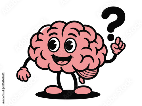 A cartoon brain character with a question mark thinking about an idea or problem to solve in a creative and humorous way.