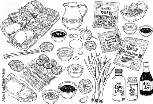 Korean, food, cuisine, kimbap, meat, garlic, citrus, sauces, condiments, pitcher, bread, rice, seaweed, onions, fruits, artwork