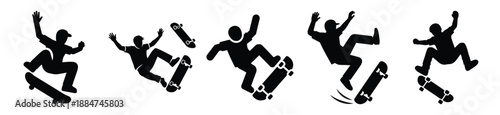 Silhouette of funny clumsy skateboard vector icon set. Funny silhouette design vector stock illustration