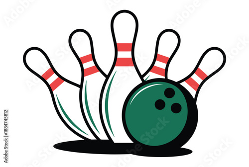 A green bowling ball and pins on a white background