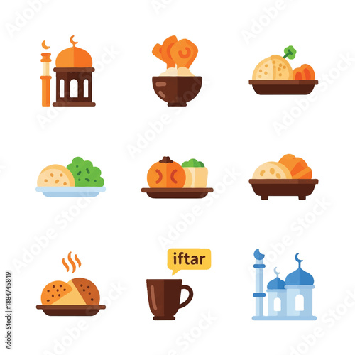 Ramadan iftar meal arrangement displayed with traditional lantern and mosque in warm tones, conveying a sense of community and celebration.