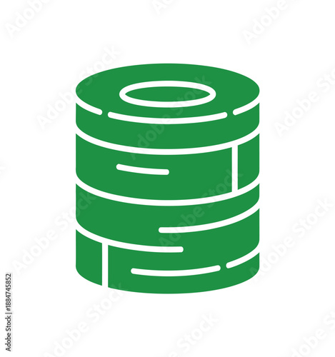 A green cylindrical object with white lines on a plain white background