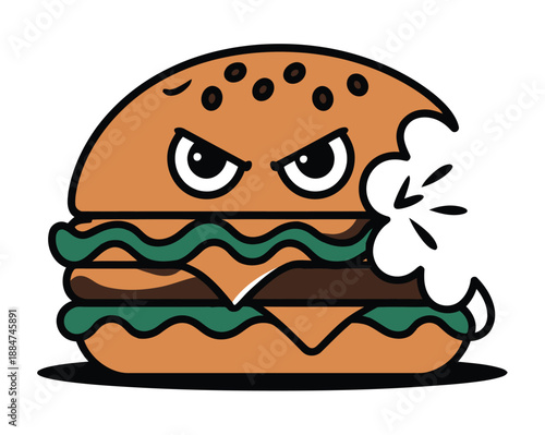 A cartoon hamburger with an angry face and a cloud of smoke coming out of it