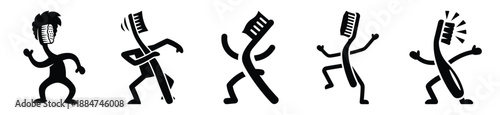 Silhouette of funny dancing toothbrush vector icon set. Funny silhouette design vector stock illustration