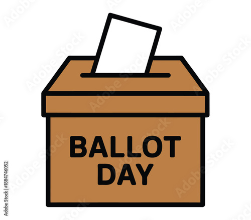 A brown ballot box with a white ballot being inserted on a plain white background