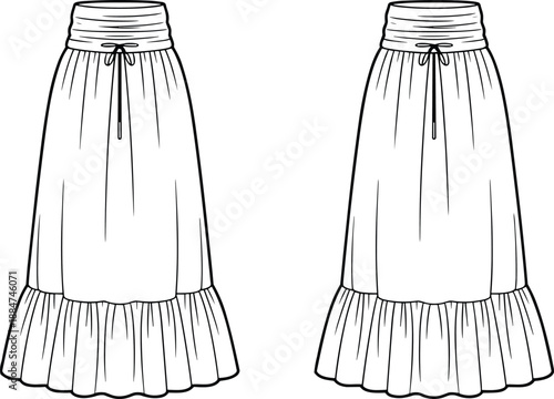 Long skirt fashion design, technical flat sketch, vector illustration, tiered maxi skirt, drawstring waistband, ruffle hem, front and back CAD drawing