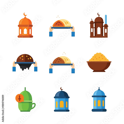 Ramadan themed elements displayed on white backdrop representing islamic culture and traditions during the holy month, creating festive and spiritual atmosphere.