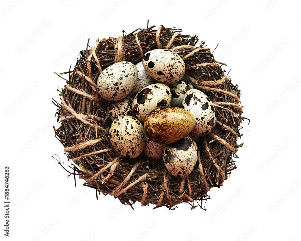 Obraz premium Quail eggs in decorative wreath, elegant mood, symbolizing spring celebration and gourmet delicacy against soft neutral background with copy space