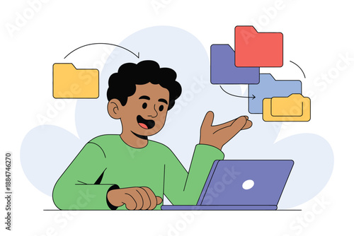 A cartoon man organizing digital files on his laptop with a cheerful expression