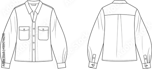 Long sleeve shirt flat sketch, technical fashion drawing, vector illustration, button up shirt design, garment template, apparel CAD drawing