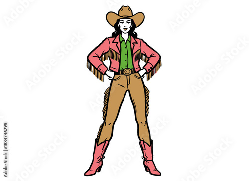 Cowgirl woman retro artwork. Western girl rodeo graphic illustration. Vintage cowgirl poster design. T shirt print poster sticker background.