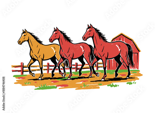 Three running horses illustration. Western ranch life artwork. Farm animals vintage design. Horse graphic print for t shirt print, poster, sticker, ba
