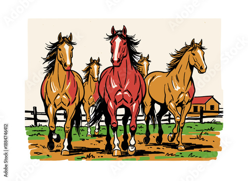 Running horses vintage artwork design. Wild mustang spirit graphic print. Retro ranch animal illustration. Print design for t shirt print, poster, sti