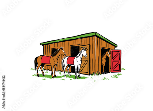 Horse stable artwork illustration. Equestrian sport theme design. Farm animals graphics print. Ranch life graphic design for t shirt print, poster, st