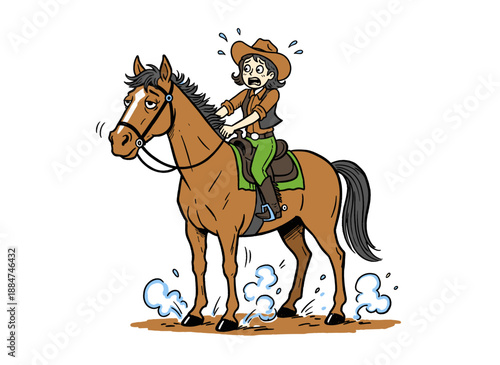 Funny horse riding cartoon illustration. Scared cowgirl riding a tired horse artwork. Western adventure comic style design. Horse rider illustration f